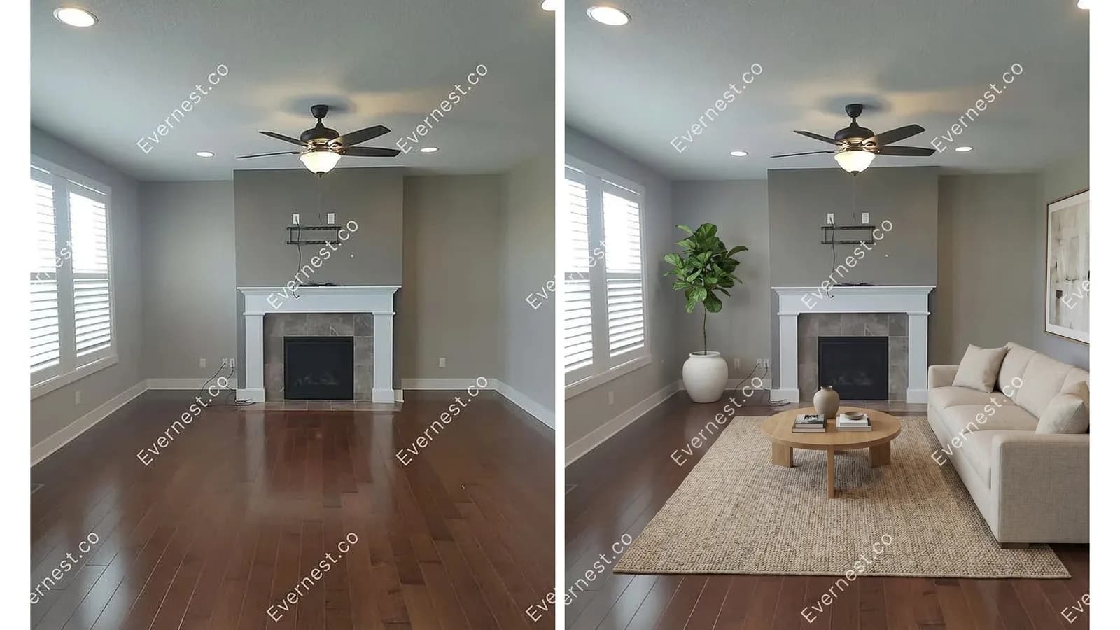 An empty living room before and after one virtual-staging pass